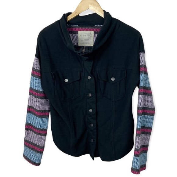 Free People Baja Stripe Sleeve Jacket Size XS Black Denim Bohemian Boho‎ Coat - Picture 5 of 12